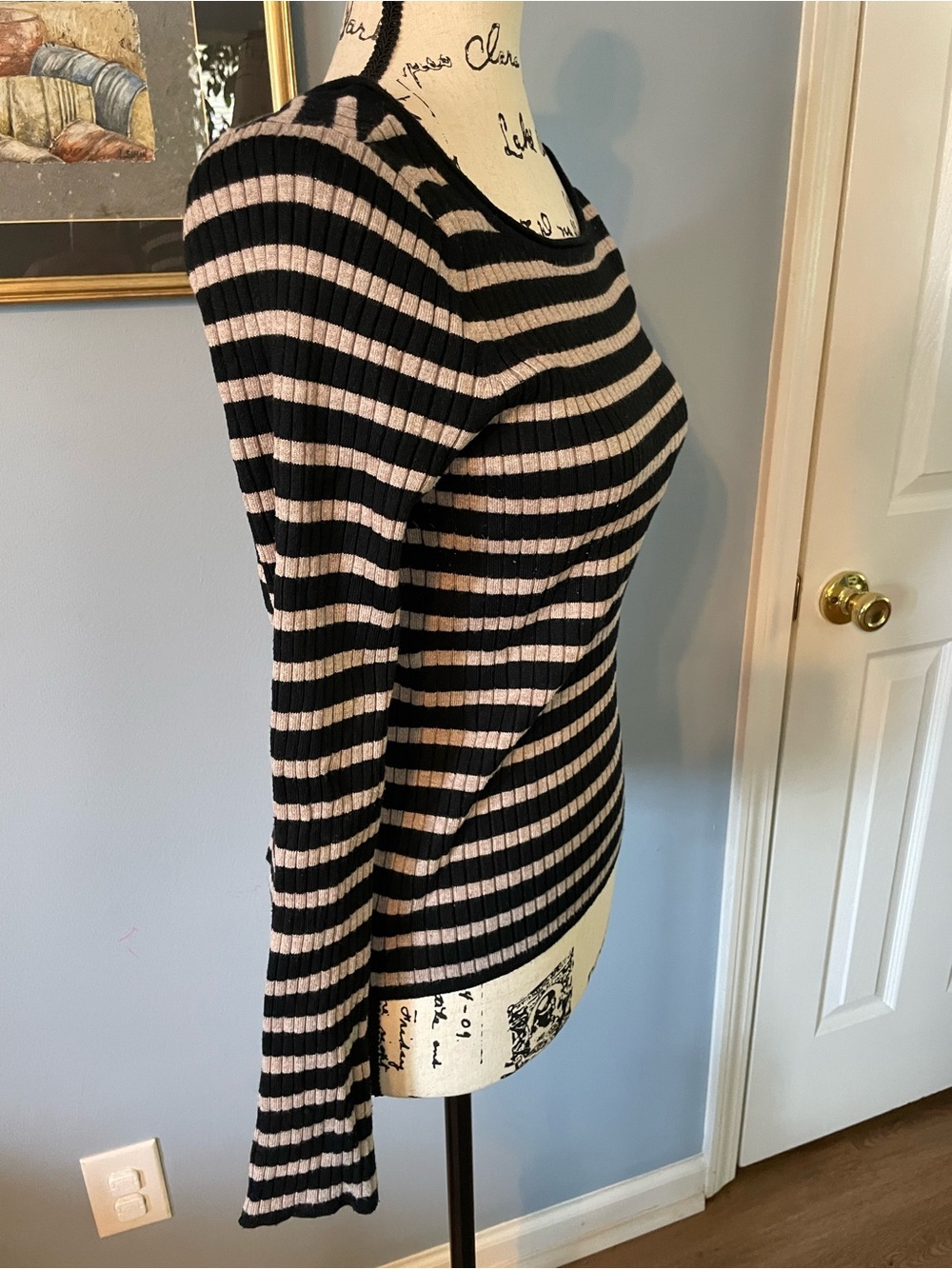 a new day Black and Beige Striped Ribbed Top